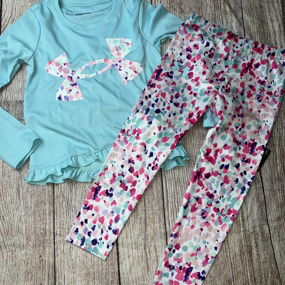 Under Armour Size 4 Girls Blue Pink Polka Dot Legging Outfit Set NEW ruffle
